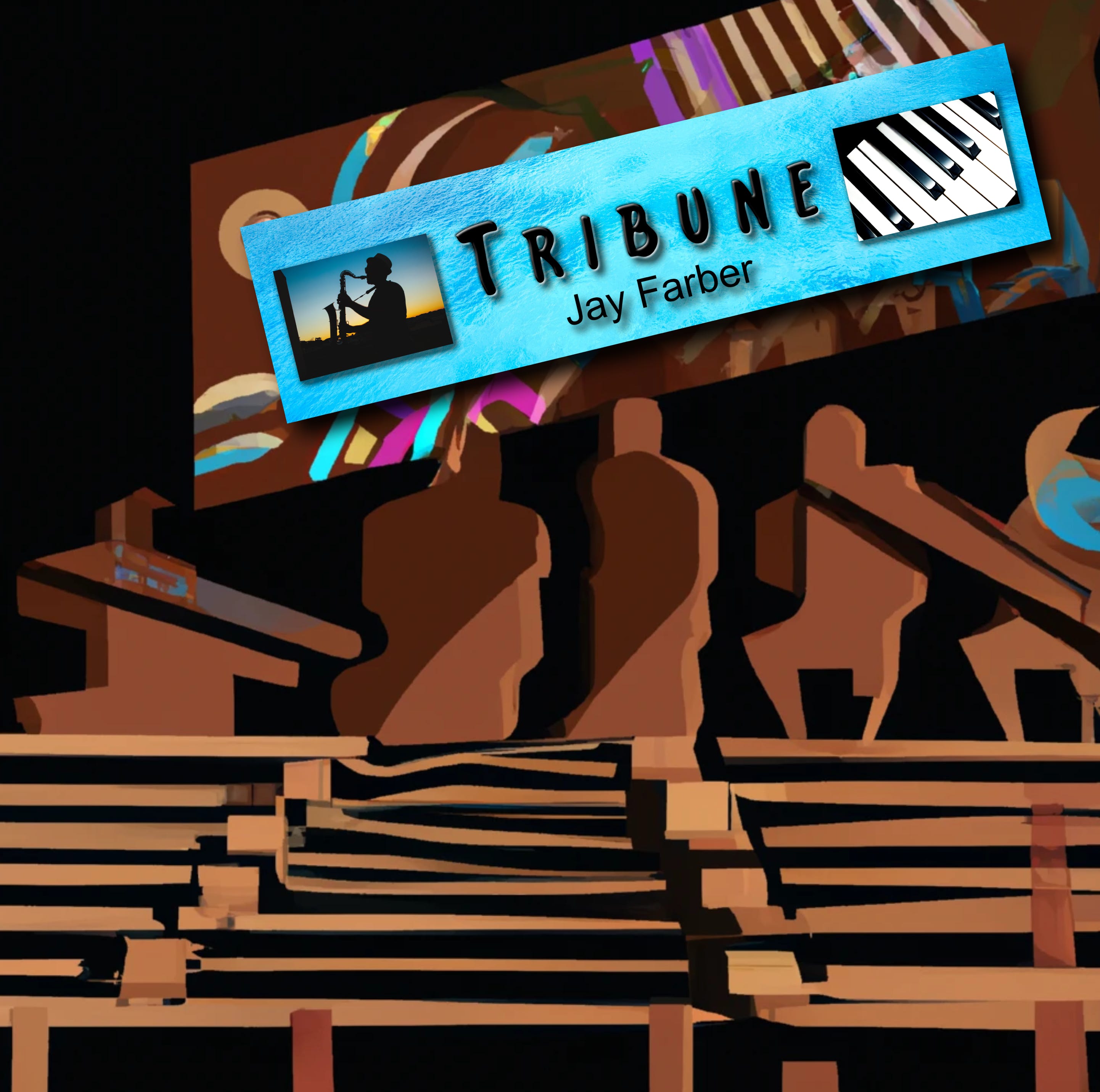 A Modern take on a quartet upon a podium with Artwork and title and name of Artist in background.